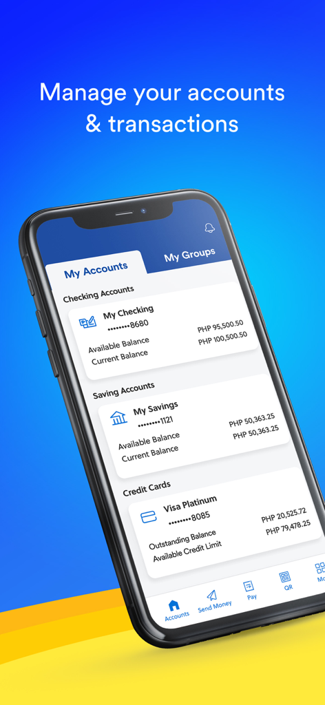 BDO Online app interface on a smartphone showing checking and savings account balances in Philippine Pesos