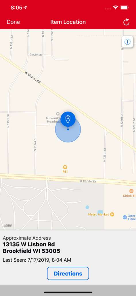 A map interface within the Milwaukee ONE-KEY app showing the exact location and last seen status of a tracked tool