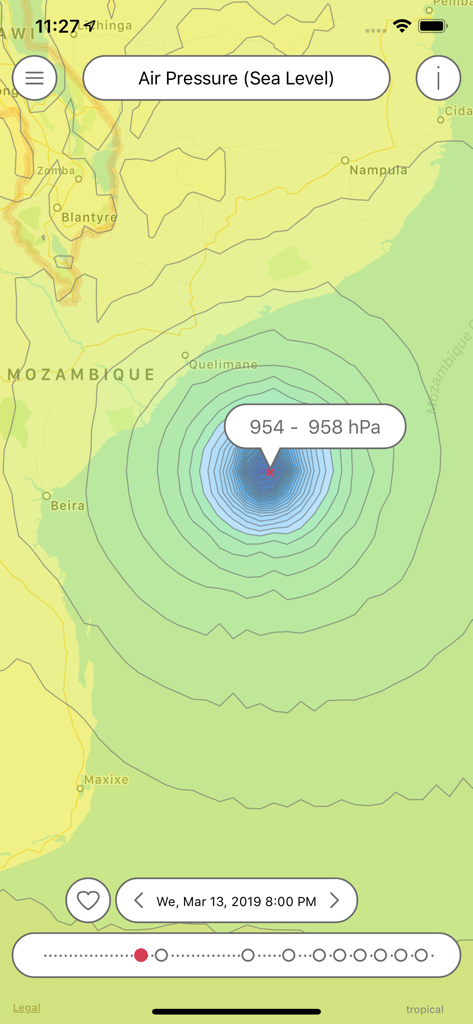 Pflotsh Tropical app showing sea level air pressure and a cyclone over Mozambique.