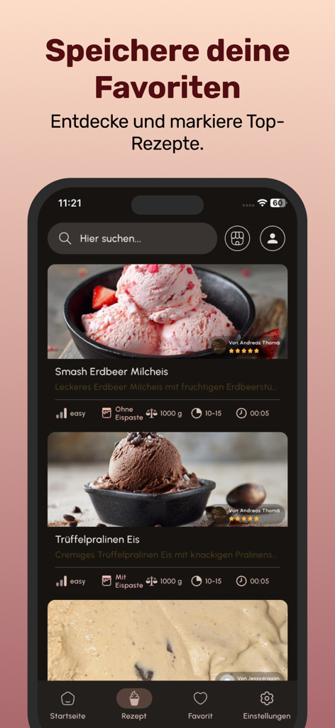 Eis-Perfecto - Interfaz de la aplicación móvil Eis-Perfecto que muestra una lista de recetas de helados favoritas como fresa y chocolate truffle.