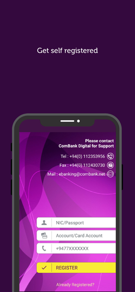 ComBank ePassbook - Registration screen of the ComBank ePassbook app with fields for NIC passport and account number