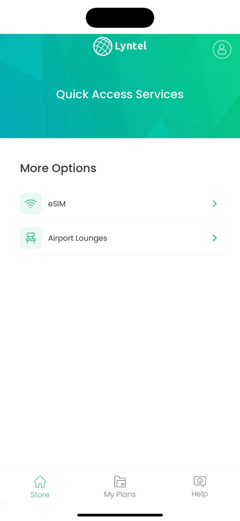 Lyntel eSIM - Lyntel eSIM app screen displaying quick access services for eSIM and airport lounges