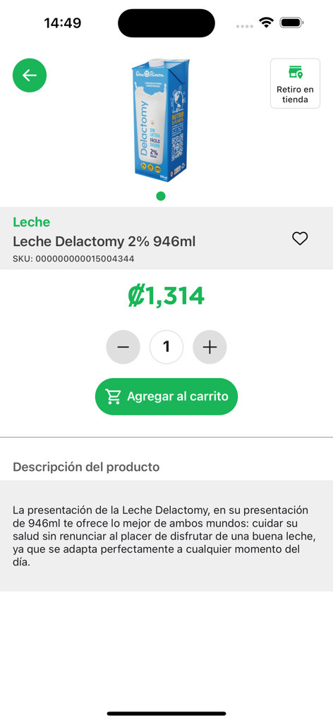Dos Pinos APP - Vista detallada del producto de leche Delactomy en la app móvil Dos Pinos mostrando el precio y el botón de agregar al carrito
