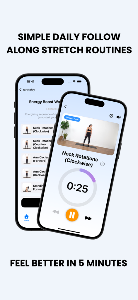 Stretchly - Stretch At Home - Duas telas de celular exibindo a interface do aplicativo Stretchly com rotinas de alongamento guiadas e um cronômetro.