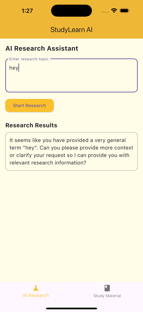 StudyLearn Ai app interface showing the AI research assistant screen with a text input field and research results box.