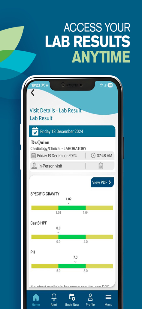 Interfaz de la aplicación CMC Beirut que muestra resultados de laboratorio médicos detallados y gráficos
