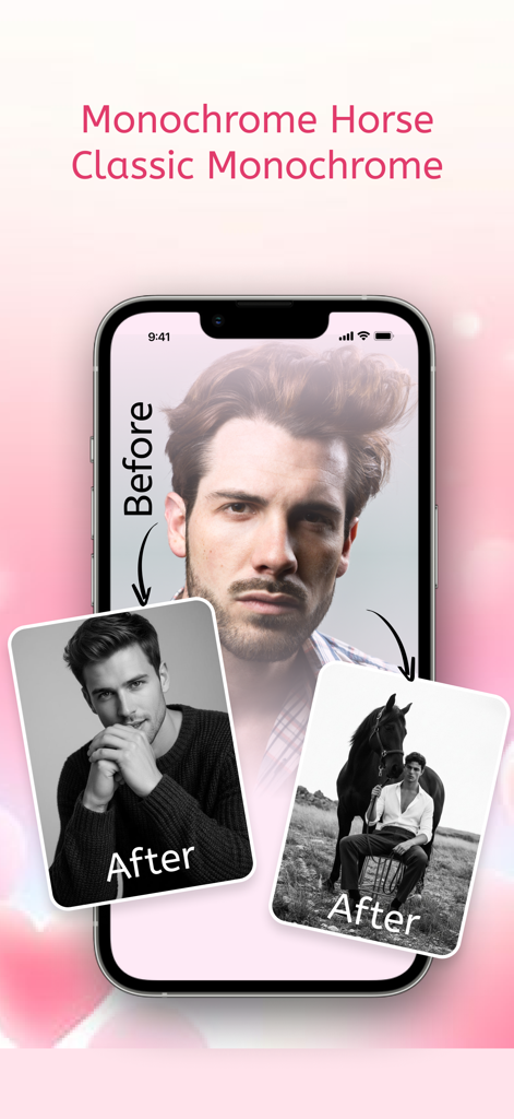 AI Caricature Maker : Photo AI - Comparação de antes e depois de transformações de fotos com IA para os estilos clássico e de cavalo em monocromático
