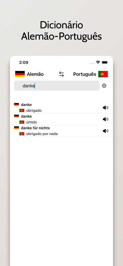 Search interface of the German Portuguese dictionary mobile app showing word translations and audio icons