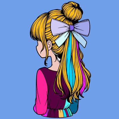 realistic girl  with hip length hair a bun and a big bow on the back of head