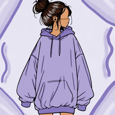 realistic girl with a oversized sweatshirt on and a bun