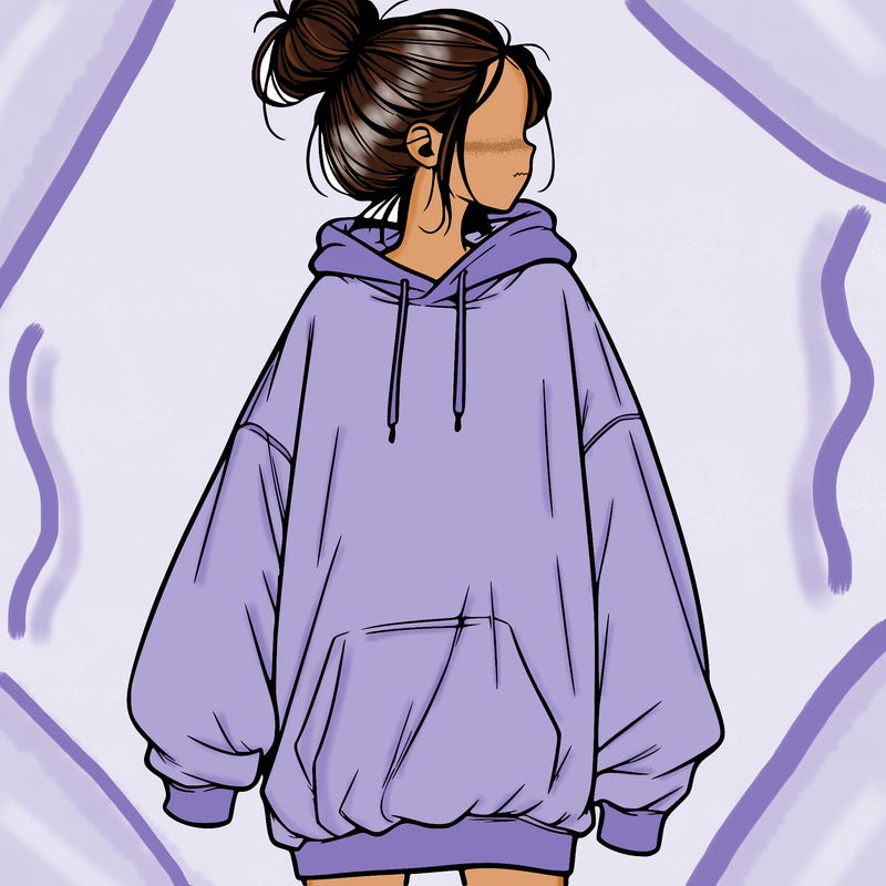 realistic girl with a oversized sweatshirt on and a bun