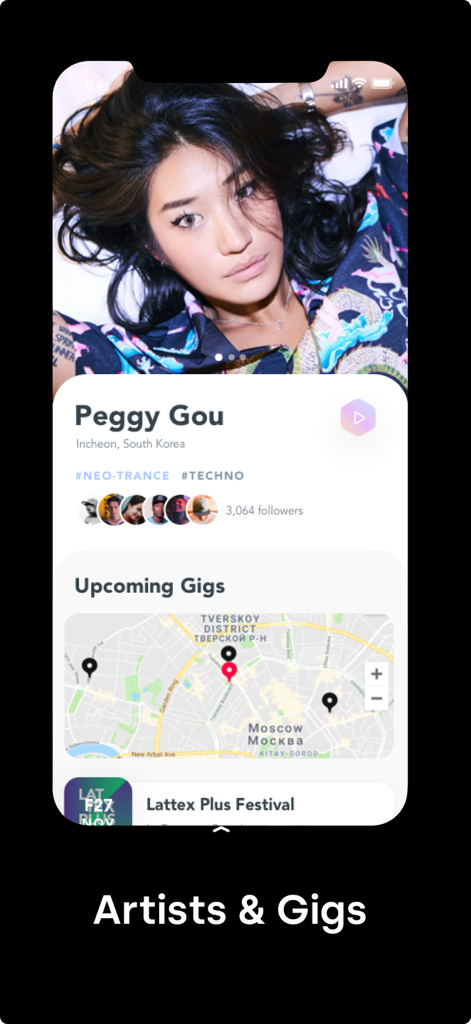 Interfaz de la app Xceed mostrando el perfil de un DJ y próximos conciertos con un mapa