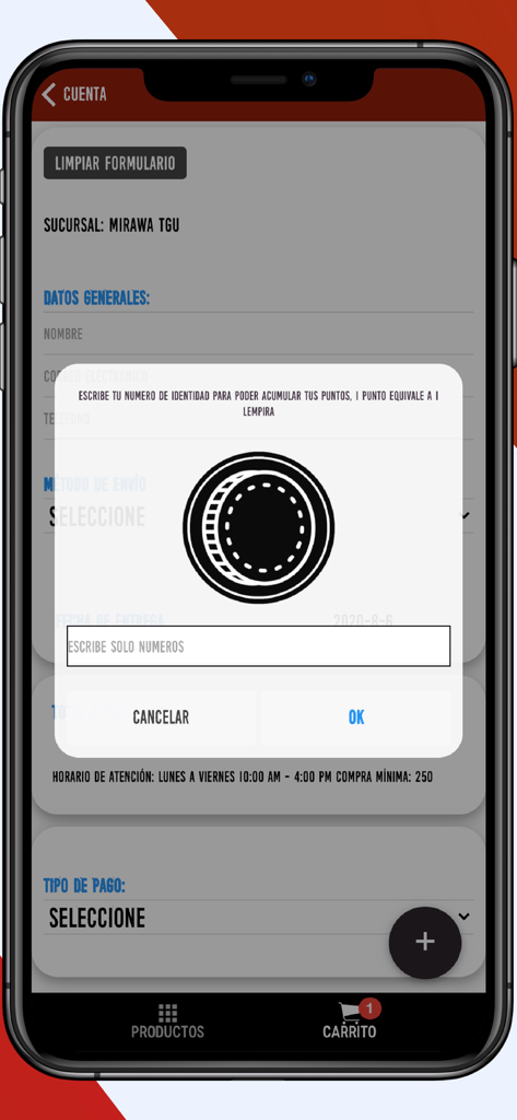 A pop-up in the Mirawa app asking users to enter their ID number to earn loyalty points during the checkout process