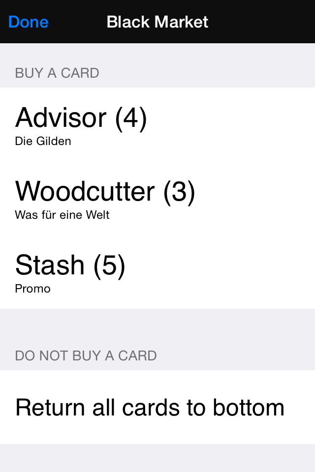 Tela de ajuda do Mercado Negro mostrando cartas para comprar no aplicativo Dominion Minion