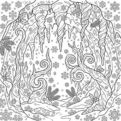 Explore the enchanting beauty of helictites transformed into a frosty winter wonderland with this captivating coloring page. Adorned with delicate snowflakes and shimmering ice, it's a perfect blend of nature's marvels and seasonal charm.