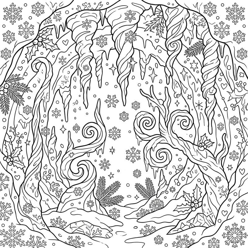 Explore the enchanting beauty of helictites transformed into a frosty winter wonderland with this captivating coloring page. Adorned with delicate snowflakes and shimmering ice, it's a perfect blend of nature's marvels and seasonal charm.