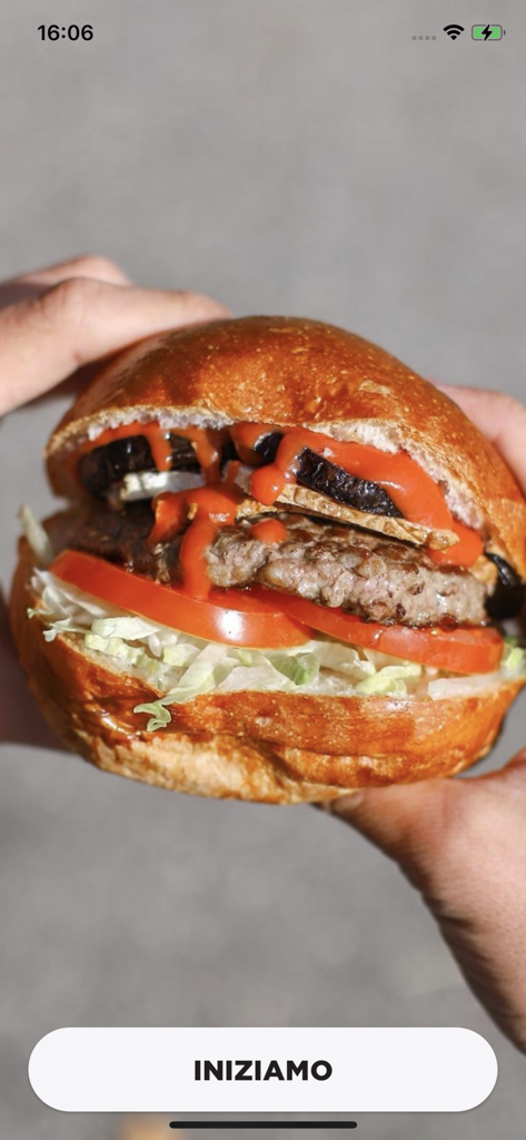 Fast24 - Fast24 app welcome screen displaying a gourmet burger with fresh toppings