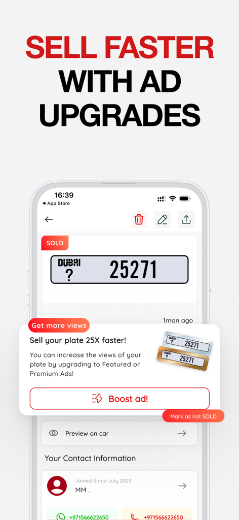 S-Hub: Marketplace - S-Hub app interface showing ad upgrade options to sell license plates faster