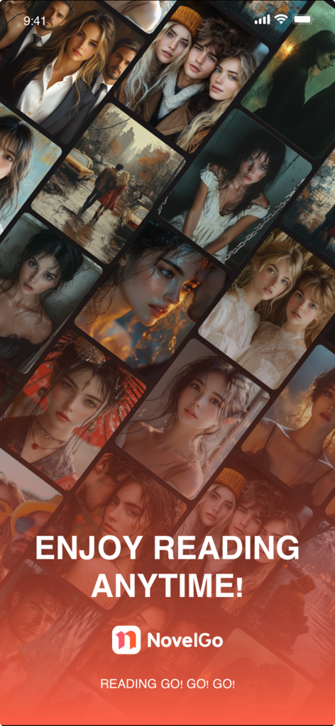 NovelGo - A collage of romantic story covers and characters on the NovelGo app splash screen
