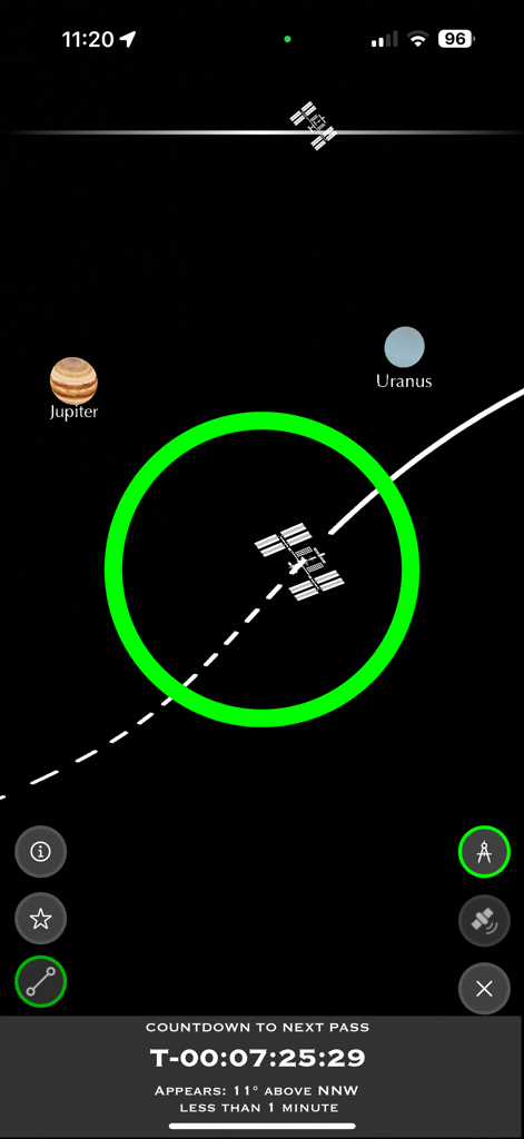 NASA - NASA app sky view interface tracking the International Space Station with planets Jupiter and Uranus and a countdown timer