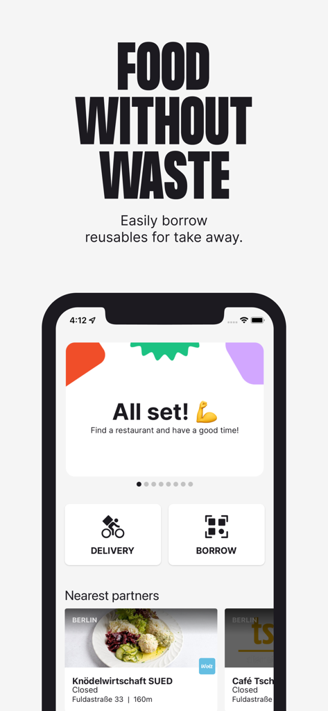 VYTAL - Schermata principale dell'app VYTAL che mostra le opzioni per prendere in prestito contenitori alimentari riutilizzabili per cibo da asporto sostenibile.