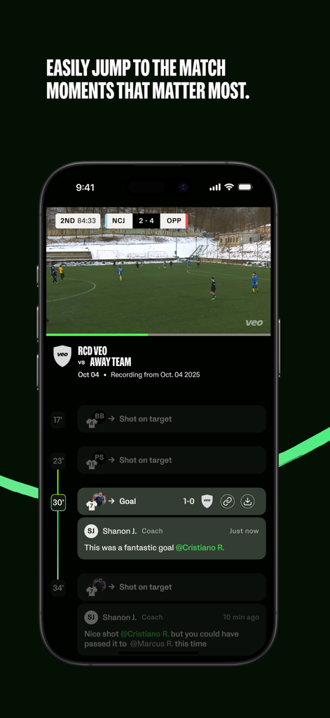 Veo Live app interface showing a soccer match with a timeline of goals and highlights