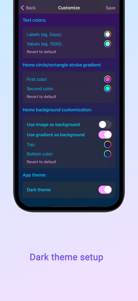 Been in Love - days counter - The customization settings of the Been in Love app showing dark theme and color options for relationship tracking