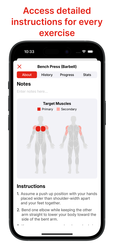 Flexer: Gym Workout Tracker - Captura de pantalla de la aplicación rastreadora de gimnasio Flexer que muestra instrucciones detalladas y un mapa de músculos objetivo para el ejercicio de press de banca