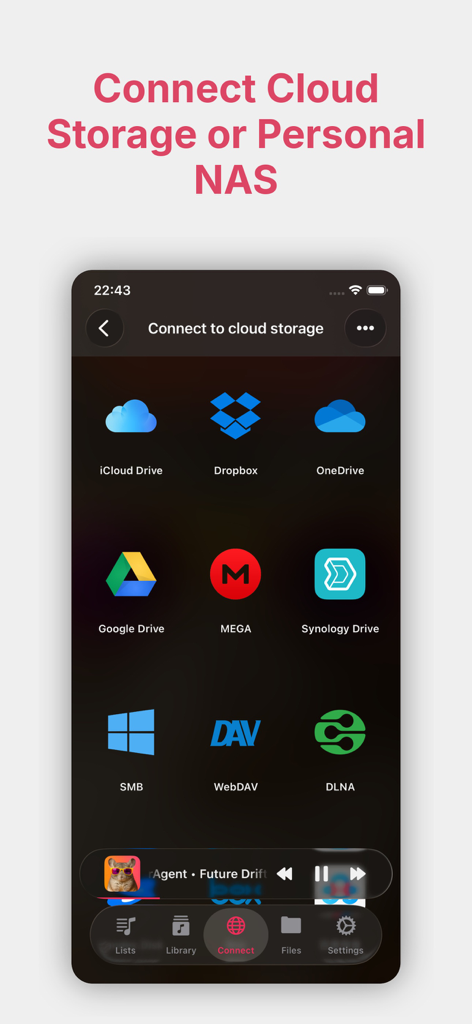 Tela do aplicativo Evermusic Pro exibindo várias opções de armazenamento em nuvem e conexão NAS, incluindo iCloud, Dropbox, Google Drive e SMB.