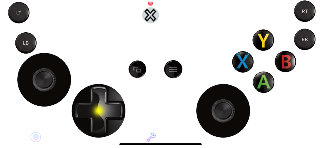 VGamepad Lite app showing a virtual game controller with joysticks and action buttons