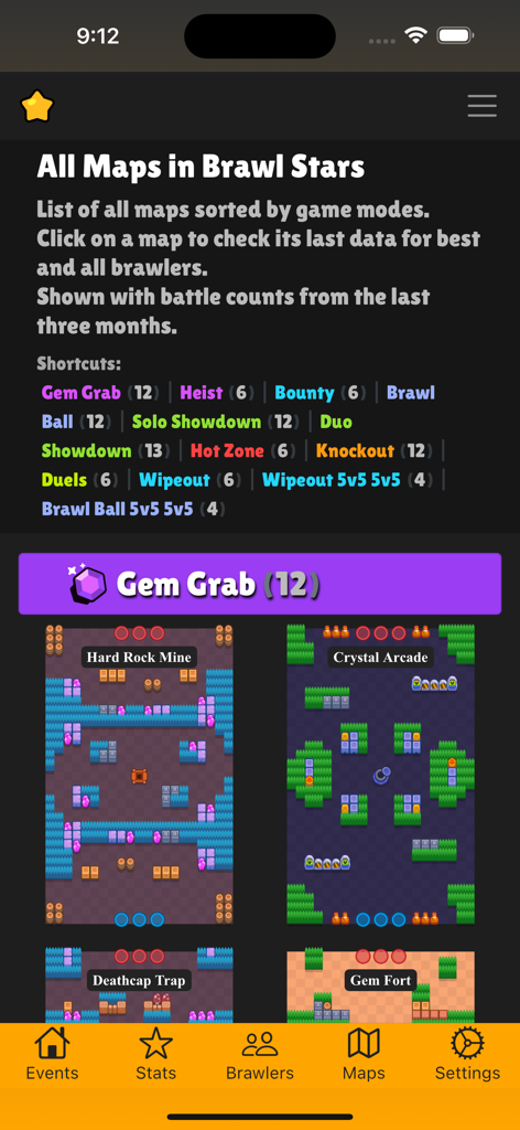 Interfaz de la aplicación Brawlify que muestra diseños de mapas y atajos para Atrapagemas en Brawl Stars.