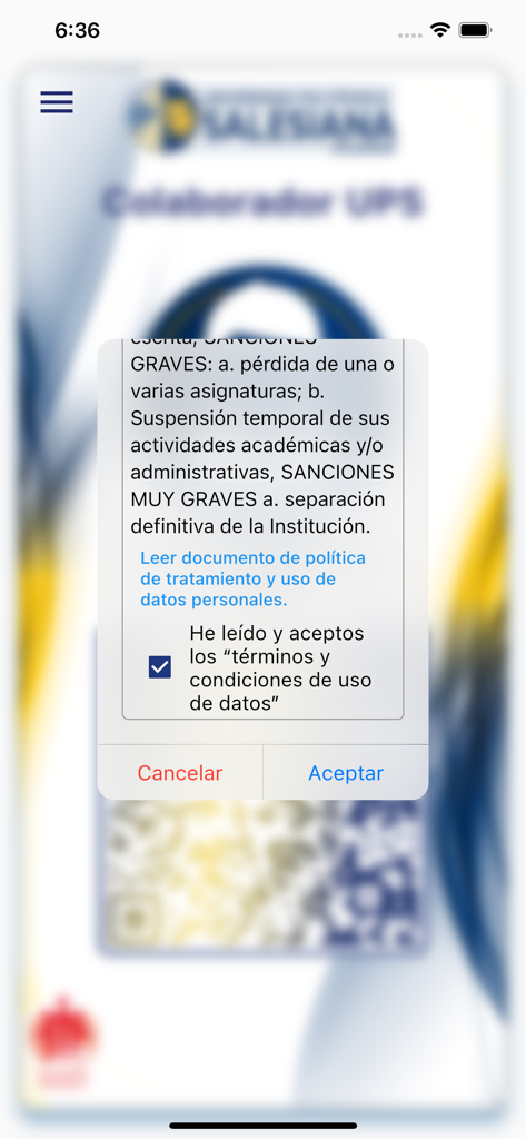Carnet Digital UPS - Pantalla de aceptación de privacidad de datos y términos de uso en la app Carnet Digital UPS
