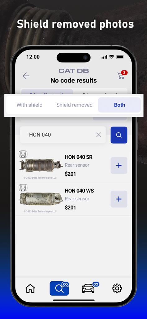 Cat DB app interface showing search results for catalytic converters with and without shields filter