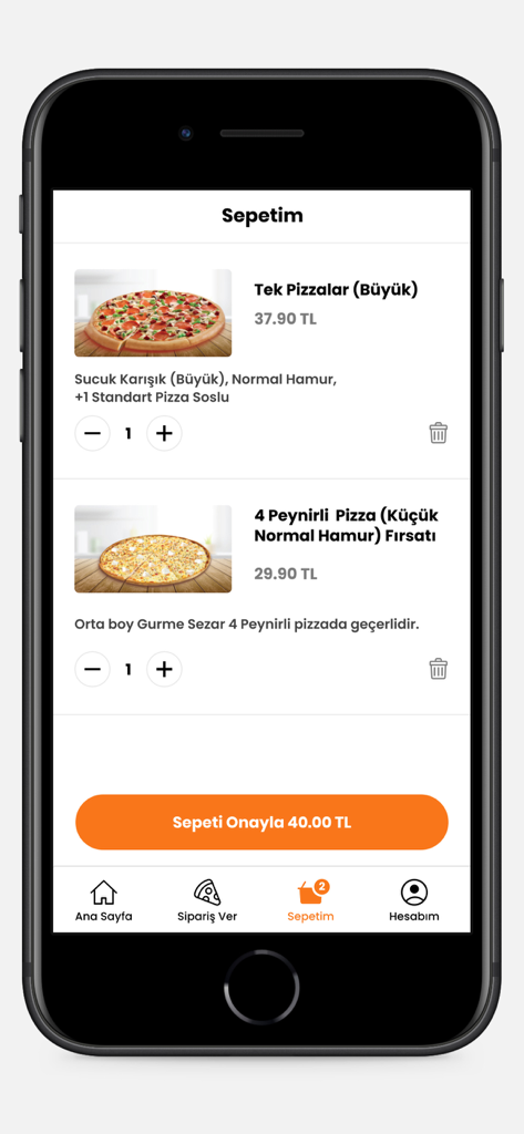 Shopping cart screen of the Little Caesars Turkey mobile app displaying two pizzas added to the order with prices in Turkish Lira.