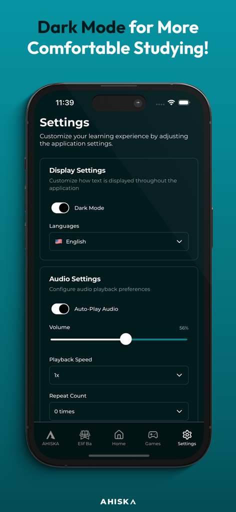 Elif Ba - Learn the Quran - Pantalla de configuración de la aplicación Elif Ba con modo oscuro y opciones de configuración de audio.