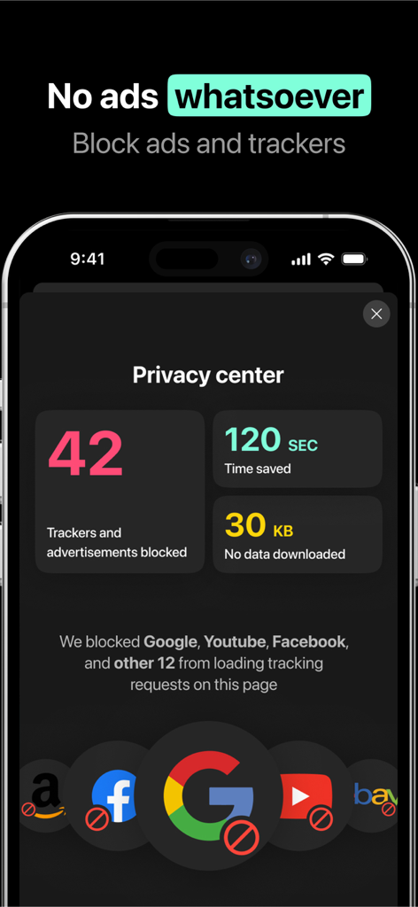 Jet browser - VPN + AdBlock - Painel do centro de privacidade do bloqueador de anúncios do Jet Browser mostrando estatísticas de rastreadores e anúncios bloqueados em um iPhone