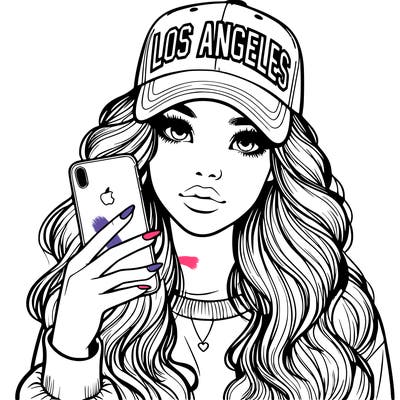 realistic beautiful girl wearing los ángeles cap holding an iphone