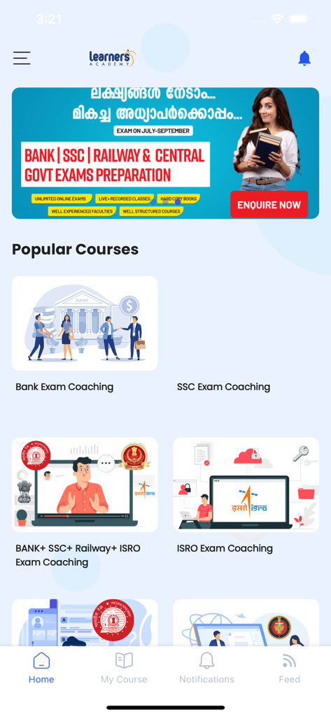 Learners Academy - Learners Academy app home screen showing popular coaching courses for competitive exams