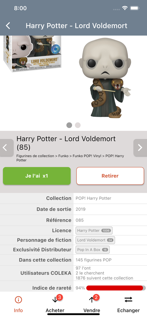 COLEKA - Interface do aplicativo COLEKA mostrando detalhes e índice de raridade para uma figura Funko POP do Lord Voldemort.