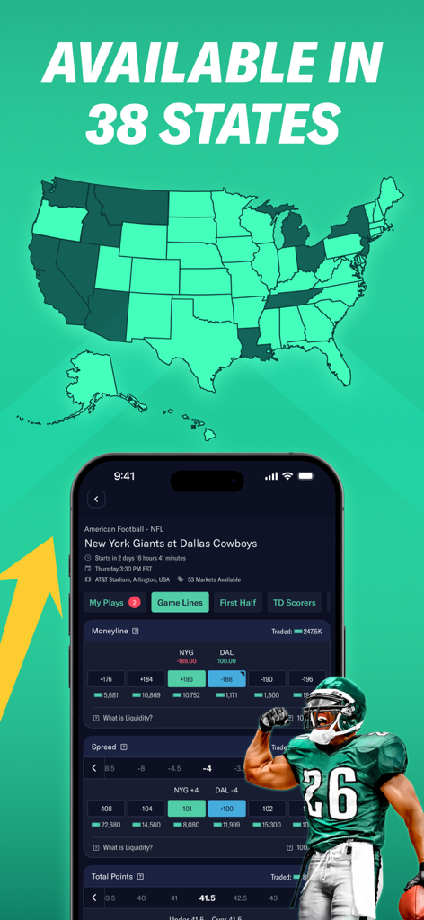 ProphetX app showing its availability in 38 US states and NFL game prediction markets