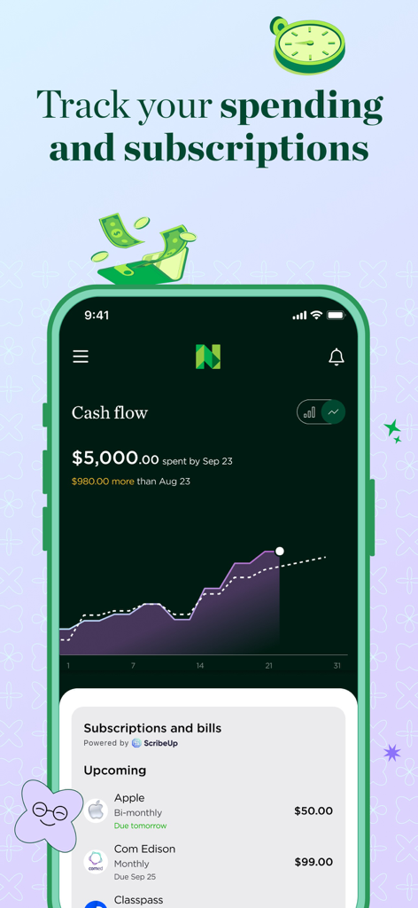 NerdWalletアプリのキャッシュフローグラフと、今後のサブスクリプションや請求書のリストが表示されているスマートフォンの画面。