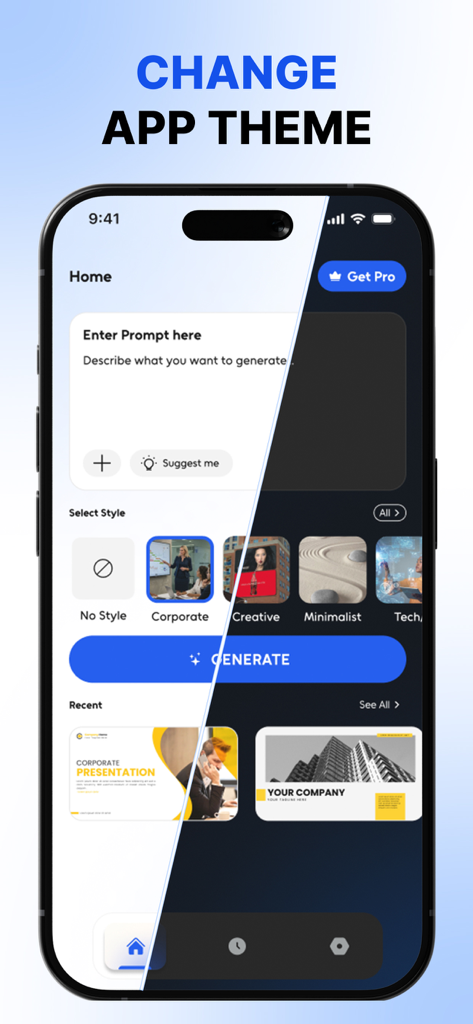 AI PPT Maker : Gamma AI App - User interface of the AI PPT Maker app showing light and dark theme options along with presentation style selections like Corporate and Creative.