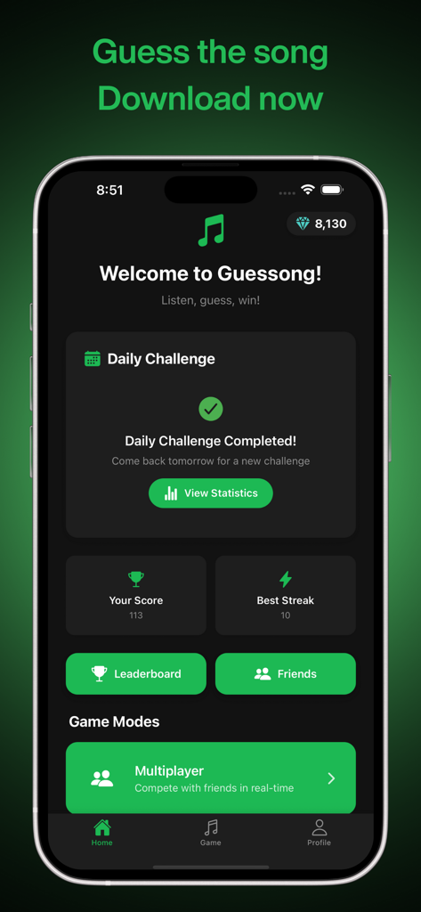Guessong: Music Guessing Game - Schermata principale dell'app di gioco per indovinare la musica Guessong che mostra una sfida giornaliera completata e opzioni multigiocatore