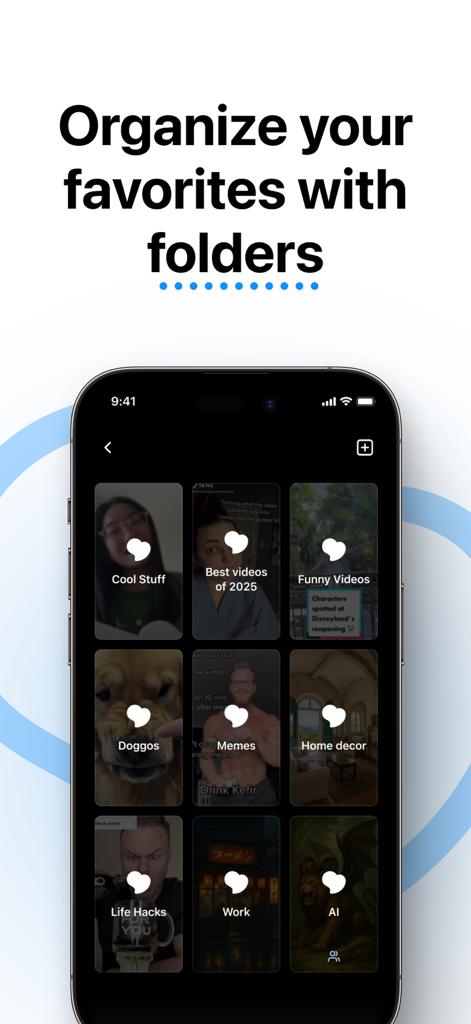 Pantalla de smartphone que muestra carpetas de video categorizadas en la aplicación Faves para organizar contenido guardado.