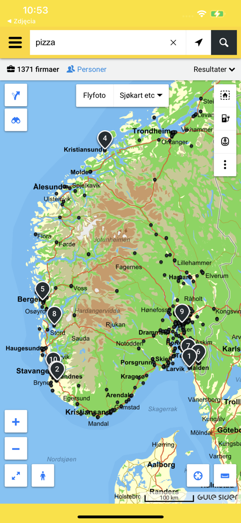 Gule Sider App Kartenoberfläche mit Suchergebnissen für Pizzerien in ganz Norwegen mit Standortmarkierungen