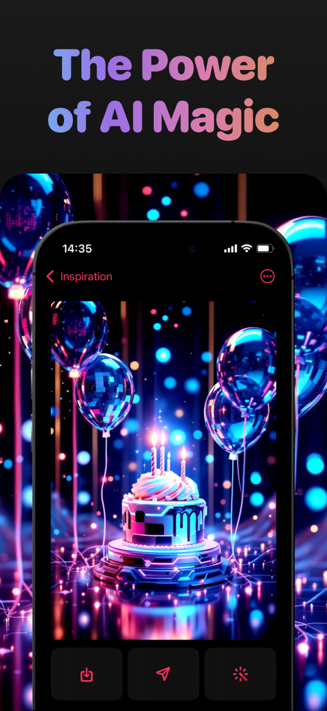Wish Card Kit – Love Messages - Pantalla de smartphone mostrando una tarjeta de cumpleaños futurista generada por IA con un pastel y globos brillantes.