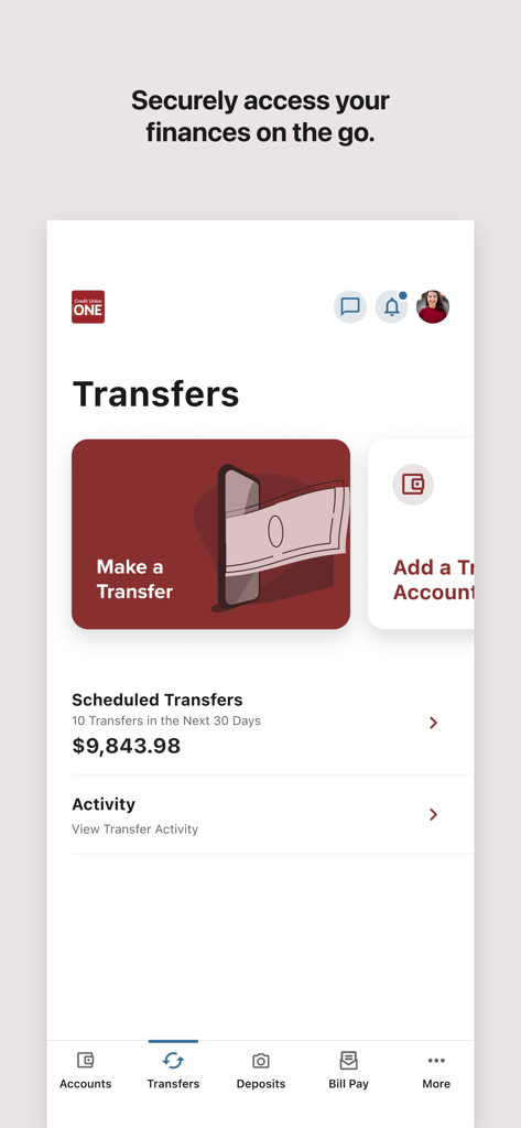 Interface of Credit Union ONE Michigan app showing the transfers section with scheduled payments and transfer options