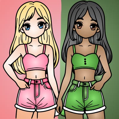 two sisters with crop tops and jean shorts and straight hair