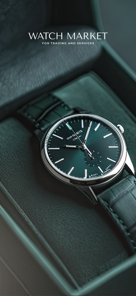 Watch Market App - Um relógio de luxo em uma caixa de exposição com o logotipo do aplicativo Watch Market para negociação e serviços