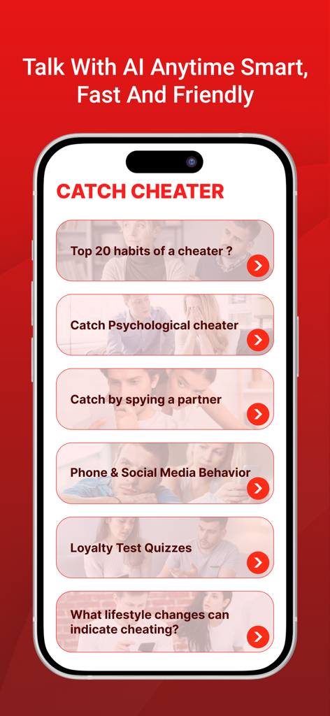 Cheater buster ai - Smartphone showing Cheater Buster AI app interface with options for catching cheaters and loyalty tests.